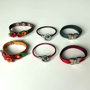 Set of 6 Leather Bracelets (Floral, Butterflies, Swirl)